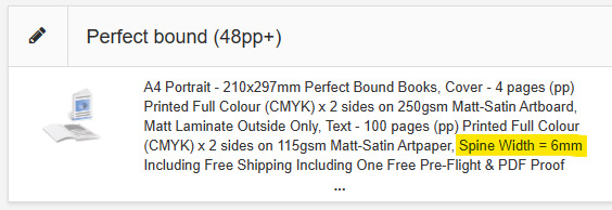 Screenshot of Perfect Bound Product Description Spine Width